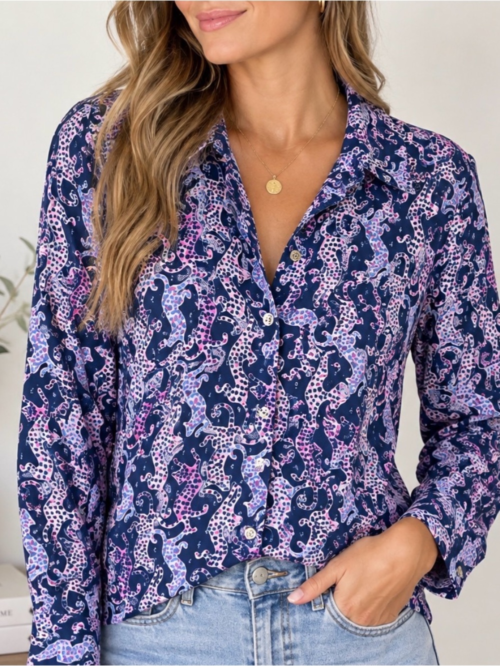Lilly Pulitzer Navy, Pink & Lavender Printed Button-Down Blouse